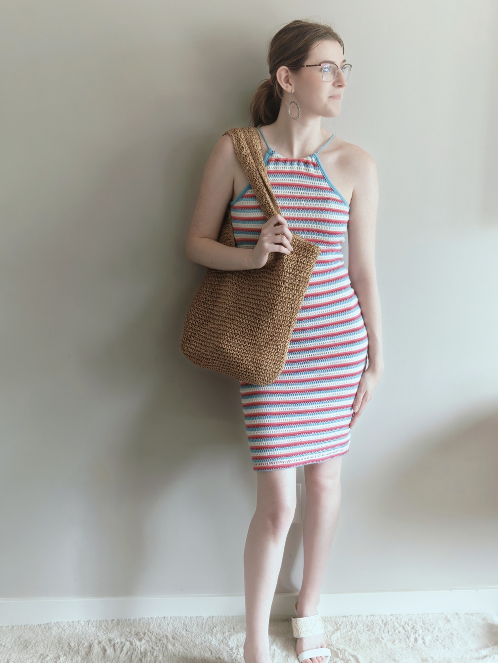 Skunk Brazil Luxury Knit Halter Dress Open Back Striped Resort Wear Bodycon Sz L